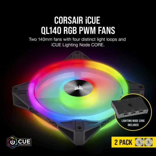 Corsair iCUE QL140 RGB 140mm PWM Dual Fan Kit with Lighting Node CORE.